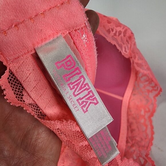 Victoria Secret Neon Pink Hi‎ Neck Padded Push Up Size Large Lace Bra - Picture 9 of 10